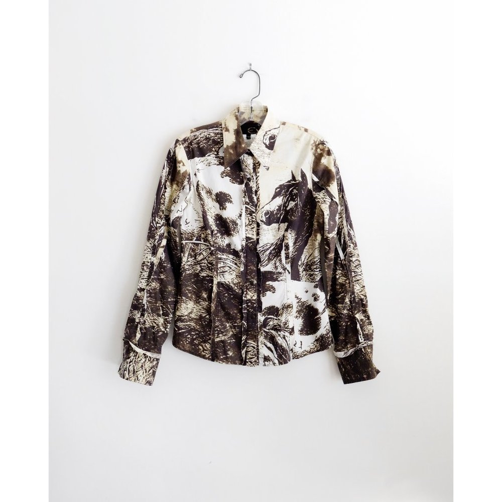 Vtg 00s Y2K Just Cavalli Beige Brown Western Long Sleeve Button Down Shirt Small - Picture 1 of 3